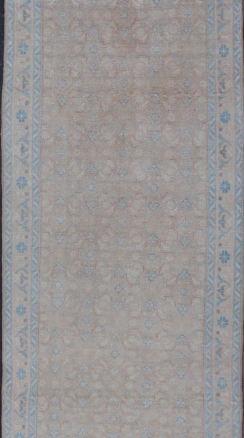 Antique Hand Knotted Persian Mahal Long Runner With Sub Geometric Motifs Geometric hand knotted Persian antique Malayer runner in blue, cream, and brown. Keivan Woven Arts / rug/TU - MTU - 234, country of origin / type: Iran / Mahal, circa 1920 M... - Keivan Woven ArtsTU - MTU - 234 - 15737Rug