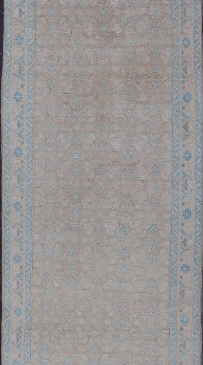 Antique Hand Knotted Persian Mahal Long Runner With Sub Geometric Motifs Geometric hand knotted Persian antique Malayer runner in blue, cream, and brown. Keivan Woven Arts / rug/TU - MTU - 234, country of origin / type: Iran / Mahal, circa 1920 M... - Keivan Woven ArtsTU - MTU - 234 - 15737Rug