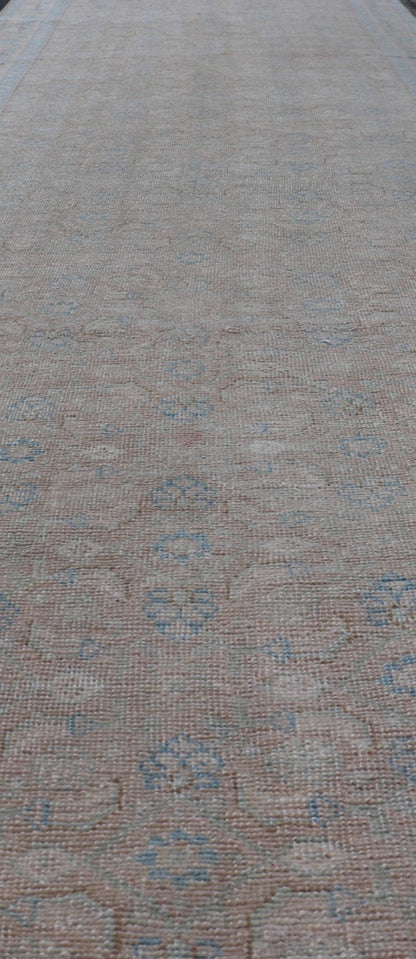 Antique Hand Knotted Persian Mahal Long Runner With Sub Geometric Motifs Geometric hand knotted Persian antique Malayer runner in blue, cream, and brown. Keivan Woven Arts / rug/TU - MTU - 234, country of origin / type: Iran / Mahal, circa 1920 M... - Keivan Woven ArtsTU - MTU - 234 - 15737Rug