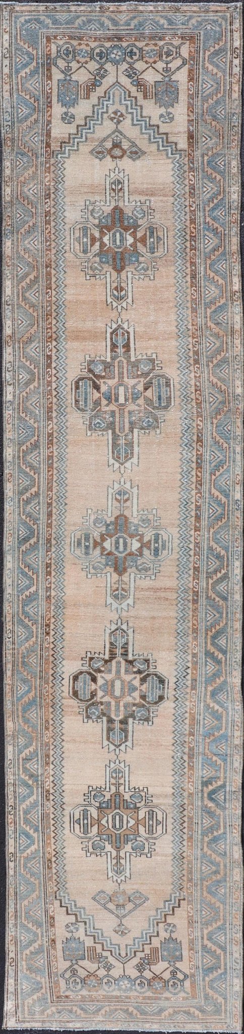 Antique Persian Hamedan Runner with Sub - Geometric Design in Soft Blue and Cream Long antique Persian Hamadan runner with sub - geometric design. Intricately designed antique Hamadan runner in light tones, Keivan Woven Arts / rug TU - MTU - 235, countr... - Keivan Woven ArtsTU - MTU - 235 - 18758Rug