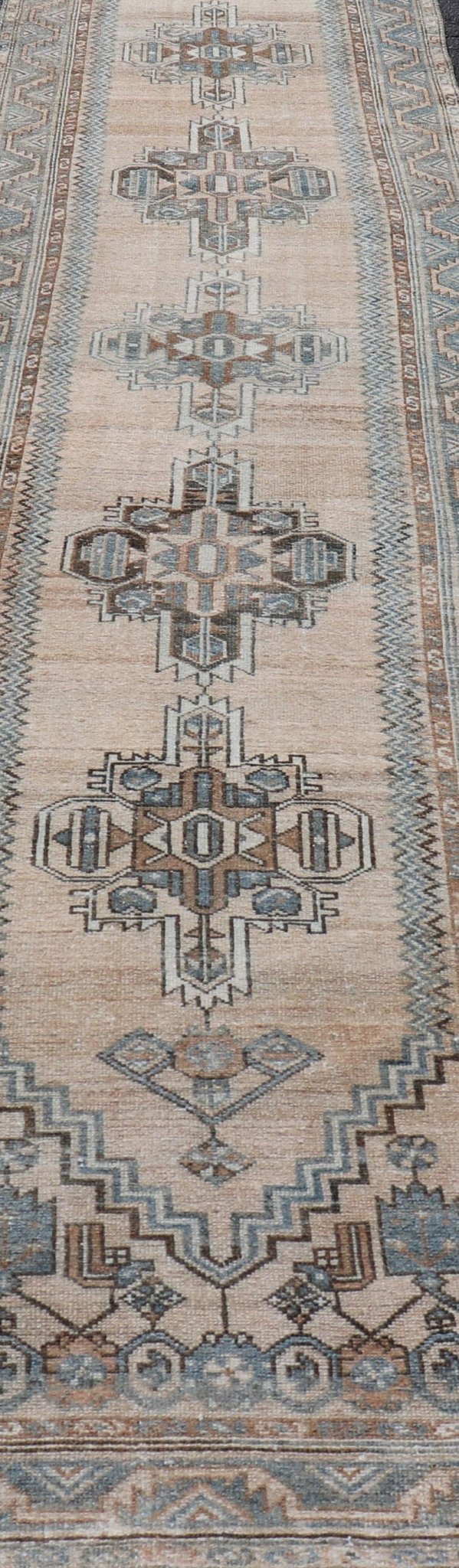 Antique Persian Hamedan Runner with Sub - Geometric Design in Soft Blue and Cream Long antique Persian Hamadan runner with sub - geometric design. Intricately designed antique Hamadan runner in light tones, Keivan Woven Arts / rug TU - MTU - 235, countr... - Keivan Woven ArtsTU - MTU - 235 - 18758Rug