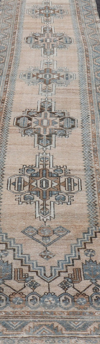 Antique Persian Hamedan Runner with Sub - Geometric Design in Soft Blue and Cream Long antique Persian Hamadan runner with sub - geometric design. Intricately designed antique Hamadan runner in light tones, Keivan Woven Arts / rug TU - MTU - 235, countr... - Keivan Woven ArtsTU - MTU - 235 - 18758