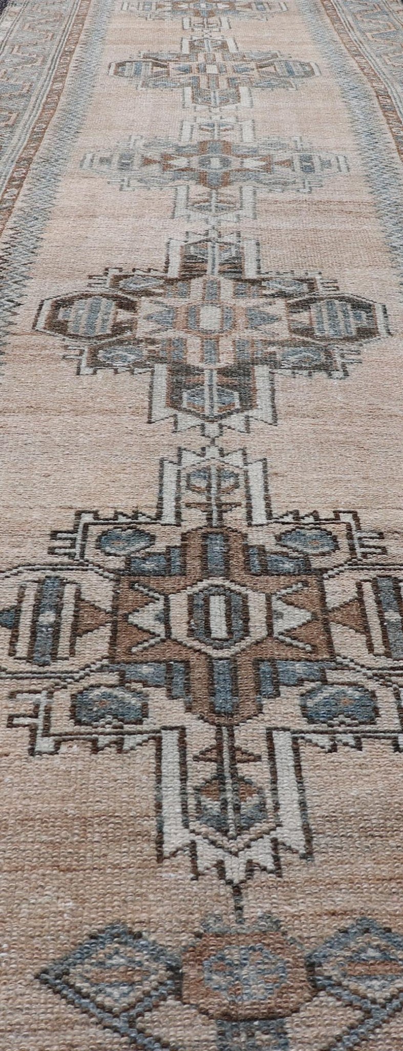 Antique Persian Hamedan Runner with Sub - Geometric Design in Soft Blue and Cream Long antique Persian Hamadan runner with sub - geometric design. Intricately designed antique Hamadan runner in light tones, Keivan Woven Arts / rug TU - MTU - 235, countr... - Keivan Woven ArtsTU - MTU - 235 - 18758Rug