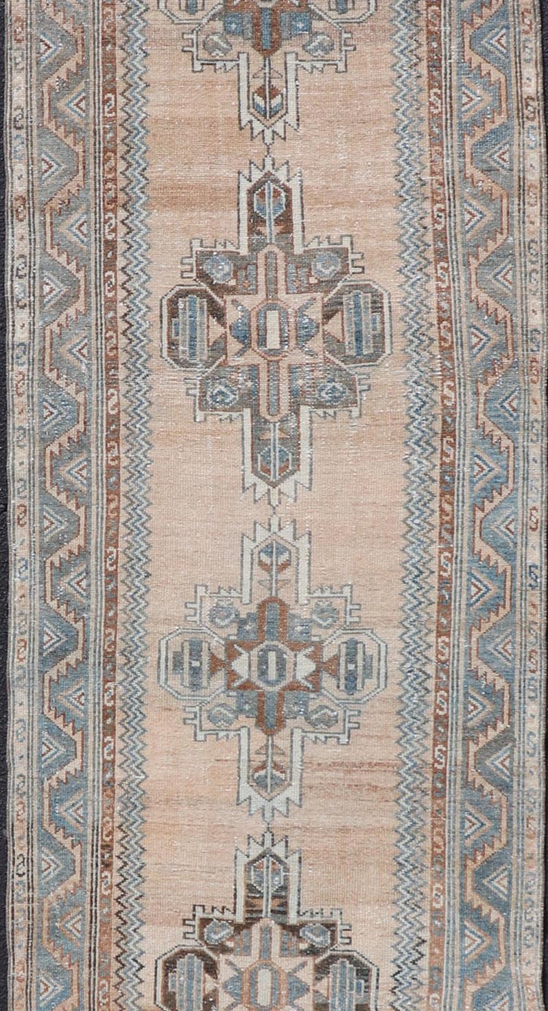 Antique Persian Hamedan Runner with Sub - Geometric Design in Soft Blue and Cream Long antique Persian Hamadan runner with sub - geometric design. Intricately designed antique Hamadan runner in light tones, Keivan Woven Arts / rug TU - MTU - 235, countr... - Keivan Woven ArtsTU - MTU - 235 - 18758Rug