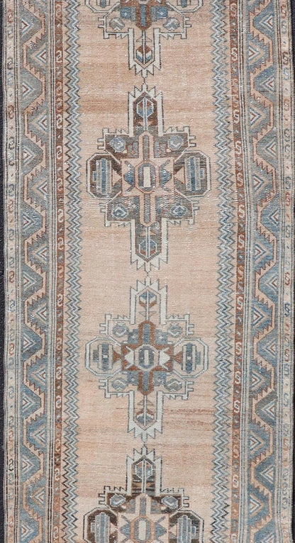 Antique Persian Hamedan Runner with Sub - Geometric Design in Soft Blue and Cream Long antique Persian Hamadan runner with sub - geometric design. Intricately designed antique Hamadan runner in light tones, Keivan Woven Arts / rug TU - MTU - 235, countr... - Keivan Woven ArtsTU - MTU - 235 - 18758Rug