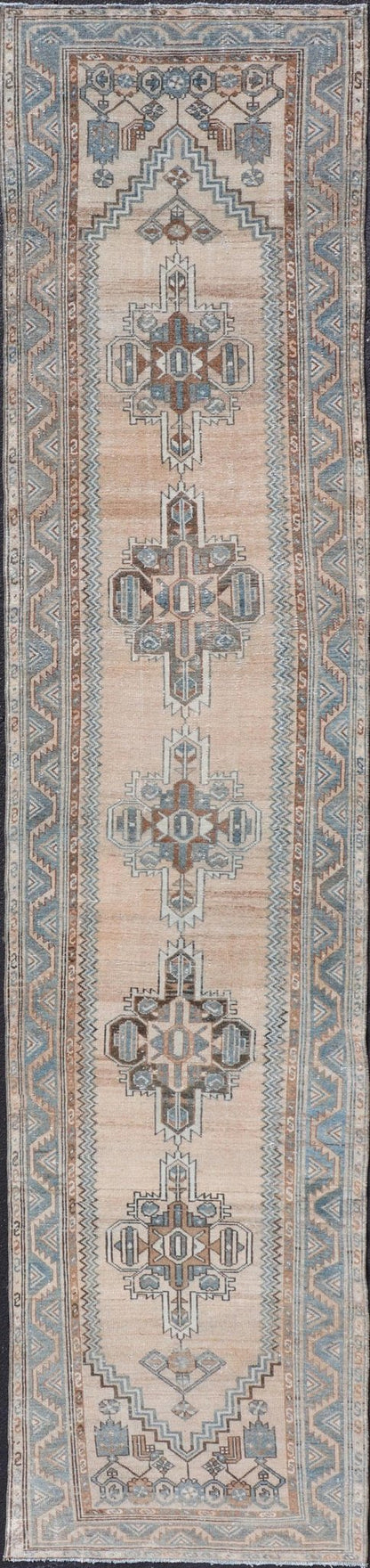 Antique Persian Hamedan Runner with Sub - Geometric Design in Soft Blue and Cream Long antique Persian Hamadan runner with sub - geometric design. Intricately designed antique Hamadan runner in light tones, Keivan Woven Arts / rug TU - MTU - 235, countr... - Keivan Woven ArtsTU - MTU - 235 - 18758