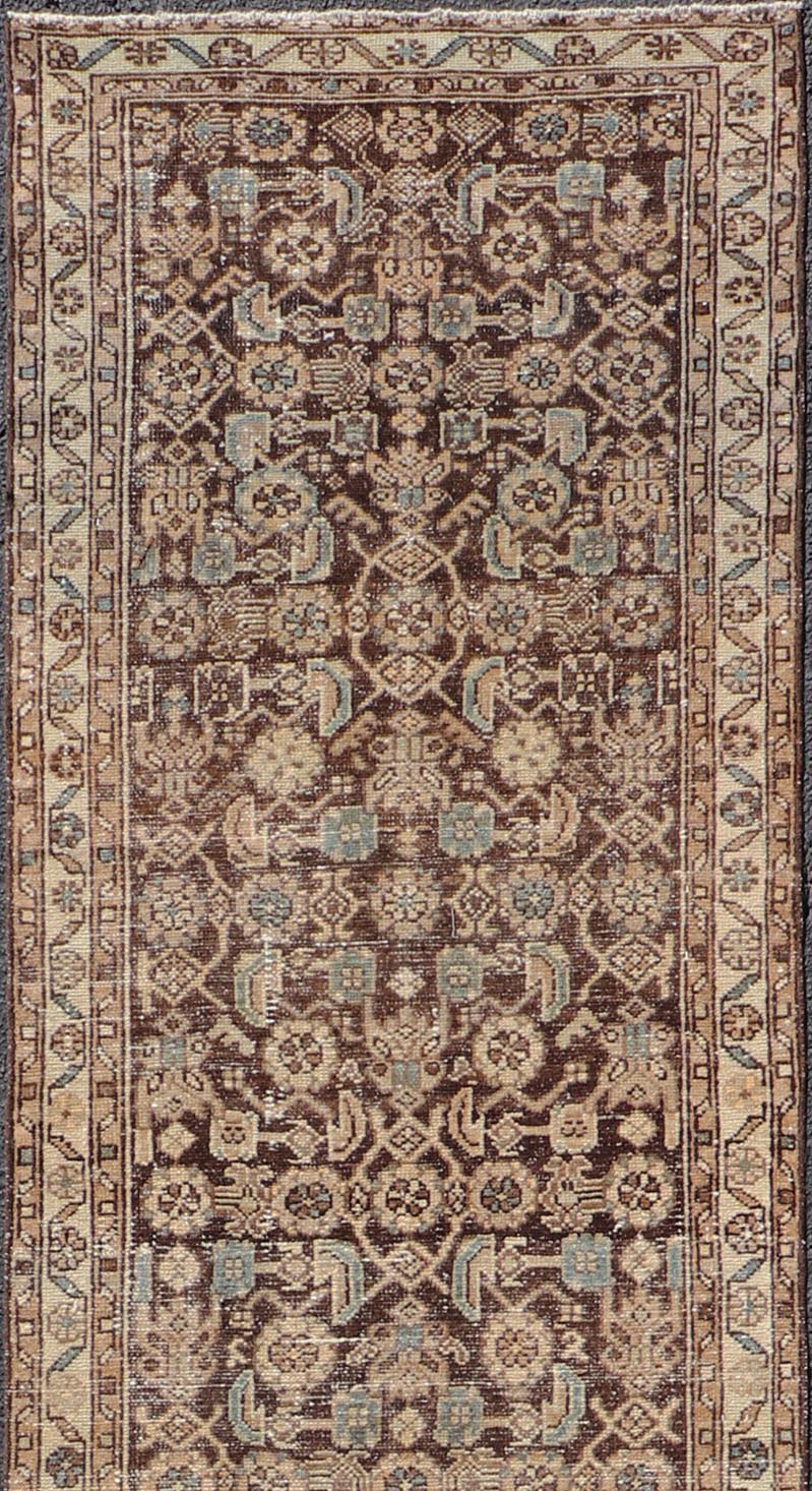 Antique Persian Hamadan Runner in Warm Tones of Gray, Brown, and L. Brown Measures 2'8 x 13'2 This antique Persian runner features a palette of brown, cream, camel, and accents light blue. The all - over, sub - geometric floral covers the en... - Keivan Woven ArtsTU - MTU - 238 - 18764