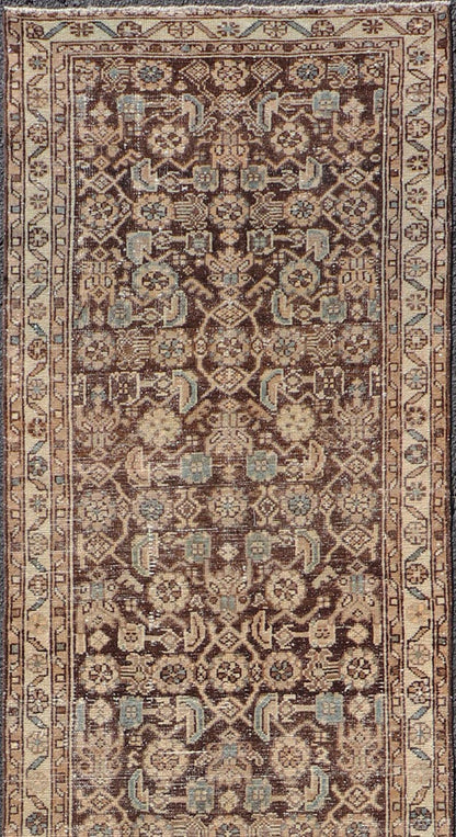 Antique Persian Hamadan Runner in Warm Tones of Gray, Brown, and L. Brown Measures 2'8 x 13'2 This antique Persian runner features a palette of brown, cream, camel, and accents light blue. The all - over, sub - geometric floral covers the en... - Keivan Woven ArtsTU - MTU - 238 - 18764