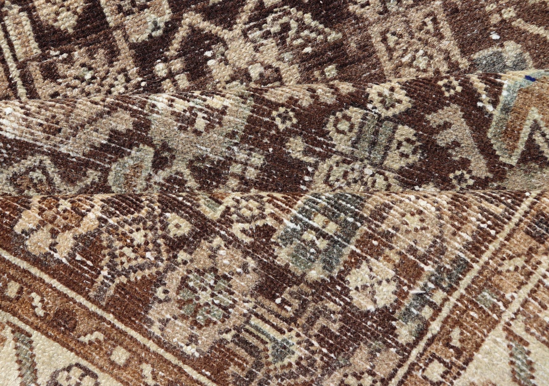 Antique Persian Hamadan Runner in Warm Tones of Gray, Brown, and L. Brown Measures 2'8 x 13'2 This antique Persian runner features a palette of brown, cream, camel, and accents light blue. The all - over, sub - geometric floral covers the en... - Keivan Woven ArtsTU - MTU - 238 - 18764