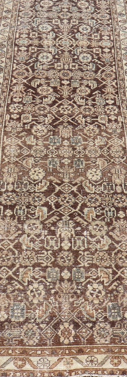 Antique Persian Hamadan Runner in Warm Tones of Gray, Brown, and L. Brown Measures 2'8 x 13'2 This antique Persian runner features a palette of brown, cream, camel, and accents light blue. The all - over, sub - geometric floral covers the en... - Keivan Woven ArtsTU - MTU - 238 - 18764