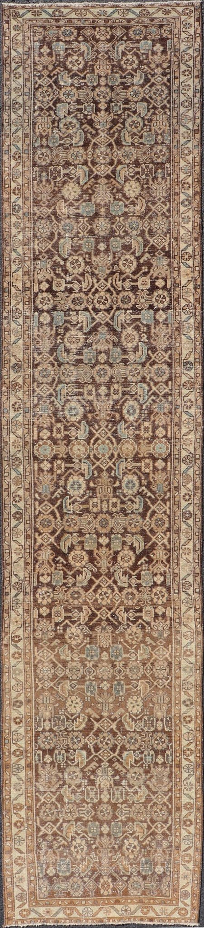 Antique Persian Hamadan Runner in Warm Tones of Gray, Brown, and L. Brown Measures 2'8 x 13'2 This antique Persian runner features a palette of brown, cream, camel, and accents light blue. The all - over, sub - geometric floral covers the en... - Keivan Woven ArtsTU - MTU - 238 - 18764