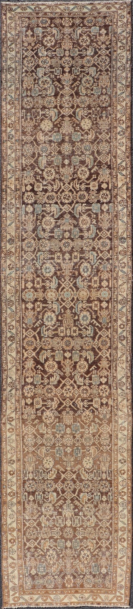 Antique Persian Hamadan Runner in Warm Tones of Gray, Brown, and L. Brown Measures 2'8 x 13'2 This antique Persian runner features a palette of brown, cream, camel, and accents light blue. The all - over, sub - geometric floral covers the en... - Keivan Woven ArtsTU - MTU - 238 - 18764