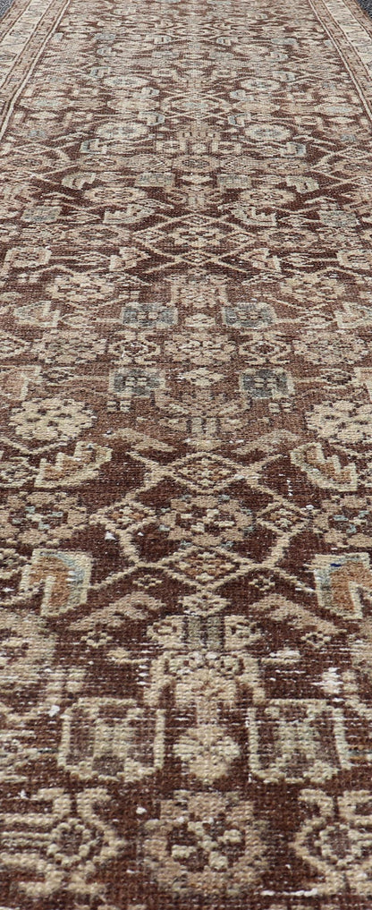 Antique Persian Hamadan Runner in Warm Tones of Gray, Brown, and L. Brown Measures 2'8 x 13'2 This antique Persian runner features a palette of brown, cream, camel, and accents light blue. The all - over, sub - geometric floral covers the en... - Keivan Woven ArtsTU - MTU - 238 - 18764