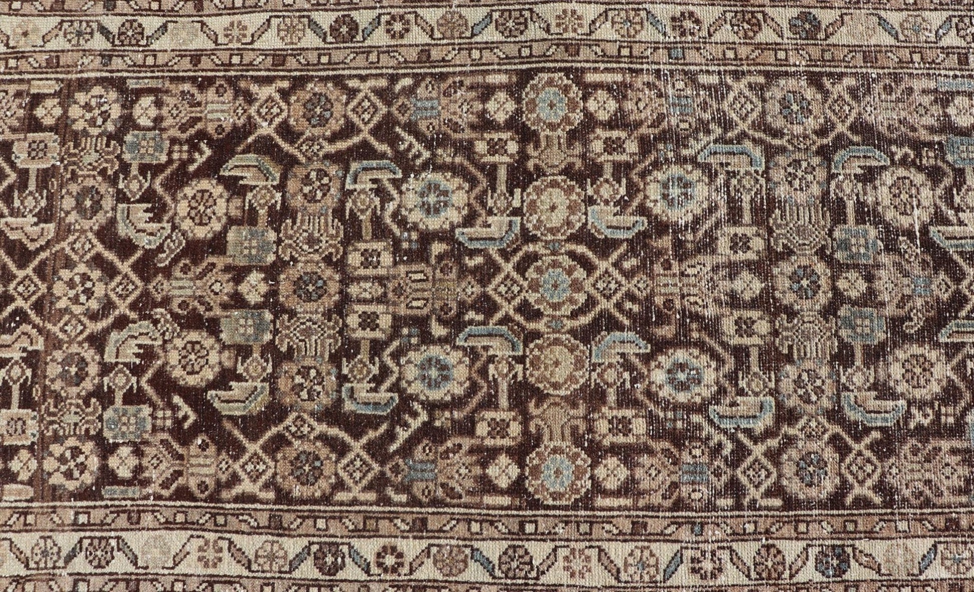 Antique Persian Hamadan Runner in Warm Tones of Gray, Brown, and L. Brown Measures 2'8 x 13'2 This antique Persian runner features a palette of brown, cream, camel, and accents light blue. The all - over, sub - geometric floral covers the en... - Keivan Woven ArtsTU - MTU - 238 - 18764