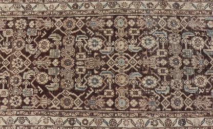 Antique Persian Hamadan Runner in Warm Tones of Gray, Brown, and L. Brown Measures 2'8 x 13'2 This antique Persian runner features a palette of brown, cream, camel, and accents light blue. The all - over, sub - geometric floral covers the en... - Keivan Woven ArtsTU - MTU - 238 - 18764