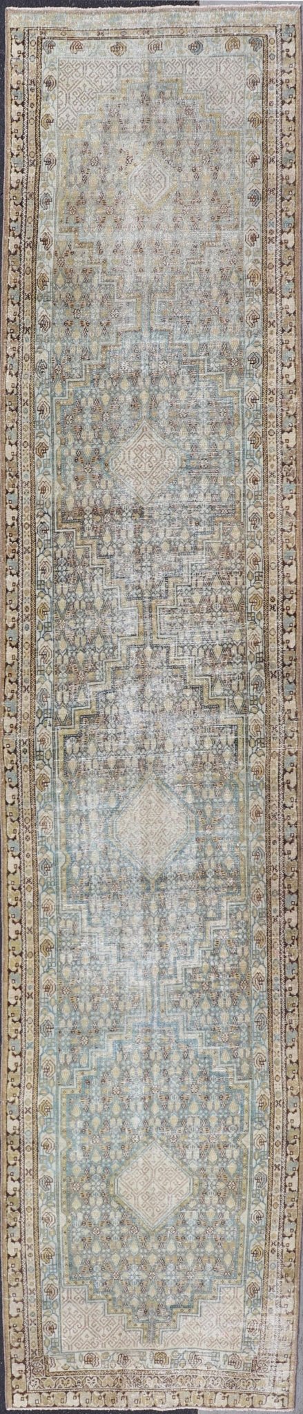 Persian Malayer Runner with Sub Geometric Medallions in Light Blue Field. Keivan Woven Arts / rug/TU - MTU - 2702, country of origin / type: Iran / Malayer, circa 1920 Measures: 3'2 x 16'4 This beautiful antique Malayer runner from Persia features a... - Keivan Woven ArtsTU - MTU - 2702 - 24772Rugs