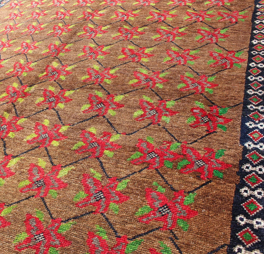 Turkish Oushak Carpet with Poinsettia Design With A Light Brown Background All - over floral design vintage Turkish Oushak. Keivan Woven Arts / rug TU - MTU - 3315, country of origin / type: Turkey / Oushak, circa 1940. This vintage Turkish... - Keivan Woven ArtsTU - MTU - 3315 - 6187Rug