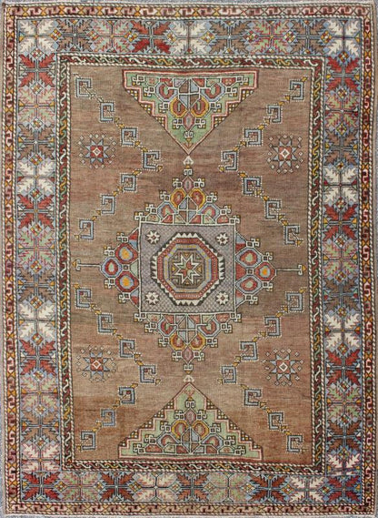 Small Oushak Carpet - Set on camel color background with Gray blue border, this small medallion Oushak displays a colorful, yet subtle color combination. 5`7 x 8`0. - Keivan Woven ArtsTU - MTU - 3317 - 5772Rug