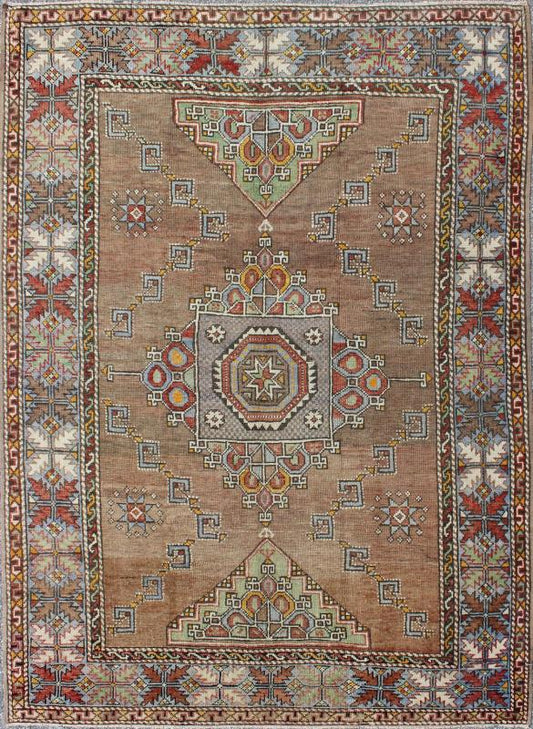 Small Oushak Carpet - Set on camel color background with Gray blue border, this small medallion Oushak displays a colorful, yet subtle color combination. 5`7 x 8`0. - Keivan Woven ArtsTU - MTU - 3317 - 5772Rug