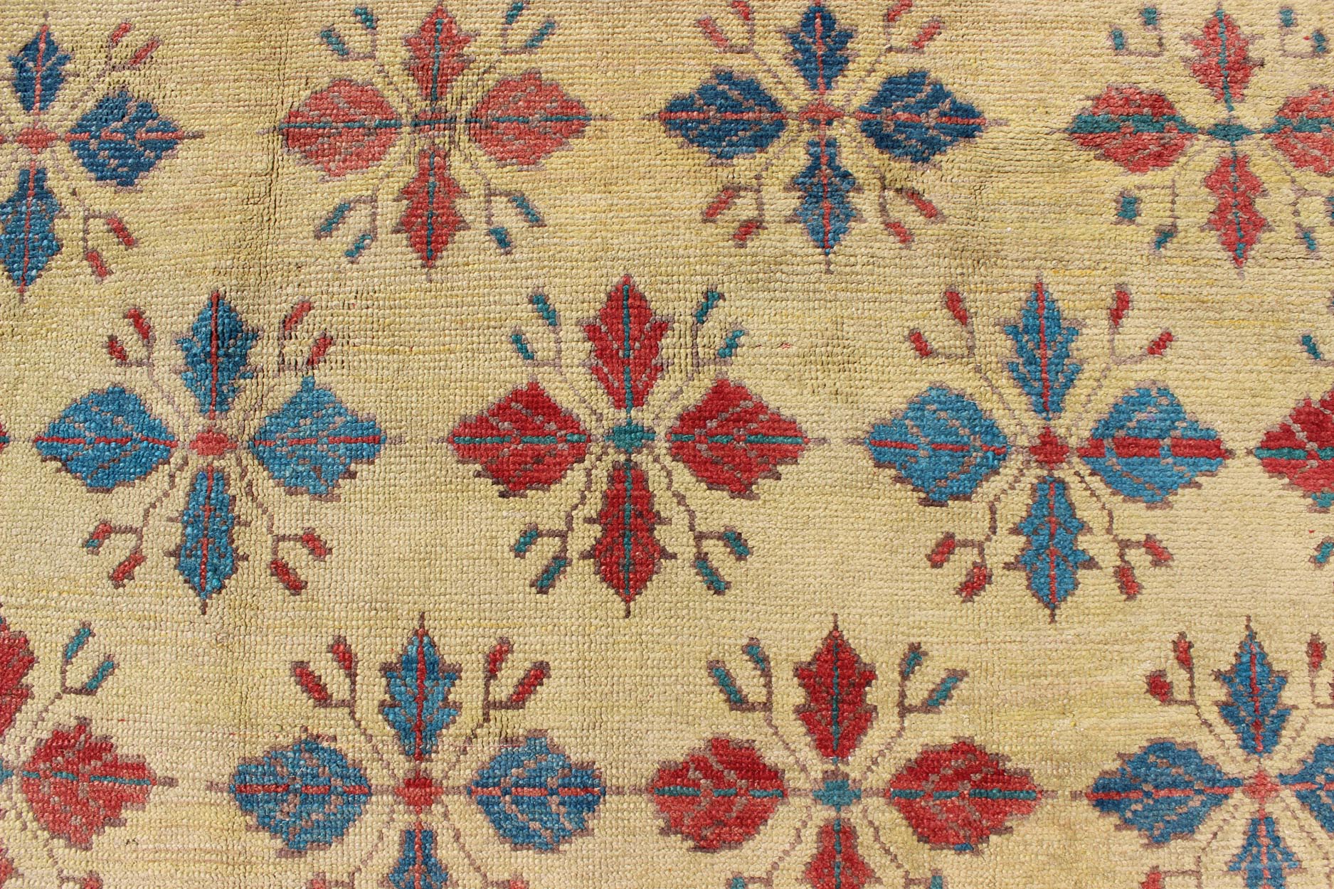 Vintage Turkish Sub - Geometric All - Over Floral Oushak in Yellow, Red, and Blue Measures: 6'5 x 11'5 Set on a pale yellow background, this unique Turkish Oushak rug displays an all - over mid - century modern design. The colors include shades... - Keivan Woven ArtsTU - MTU - 3318 - 5776Rug