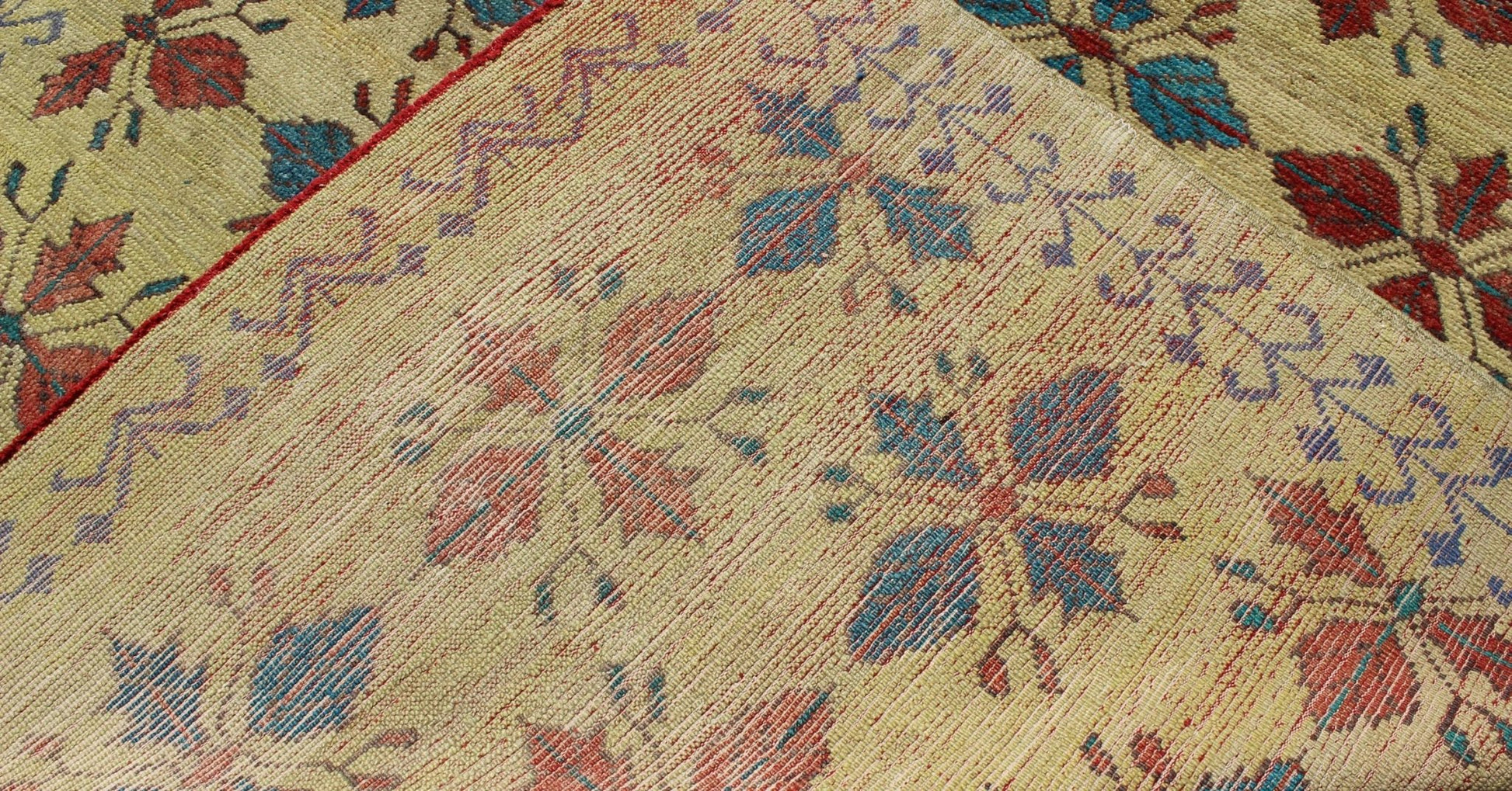 Vintage Turkish Sub - Geometric All - Over Floral Oushak in Yellow, Red, and Blue Measures: 6'5 x 11'5 Set on a pale yellow background, this unique Turkish Oushak rug displays an all - over mid - century modern design. The colors include shades... - Keivan Woven ArtsTU - MTU - 3318 - 5776Rug