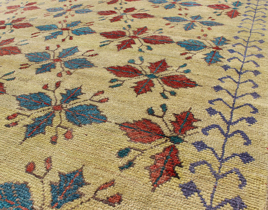Vintage Turkish Sub - Geometric All - Over Floral Oushak in Yellow, Red, and Blue Measures: 6'5 x 11'5 Set on a pale yellow background, this unique Turkish Oushak rug displays an all - over mid - century modern design. The colors include shades... - Keivan Woven ArtsTU - MTU - 3318 - 5776Rug