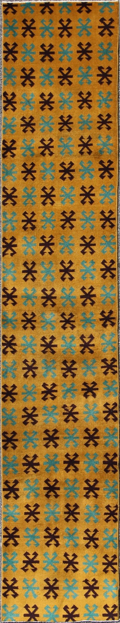 Long Runner with Mid - Century Modern Design in Yellow, Turquoise and Black Measures: 2'7 x 13'9. This artfully handwoven Turkish mid century design runner displays a unique geometric design and color combination, featuring yellow background and r... - Keivan Woven ArtsTU - MTU - 3325 - 6191Rug