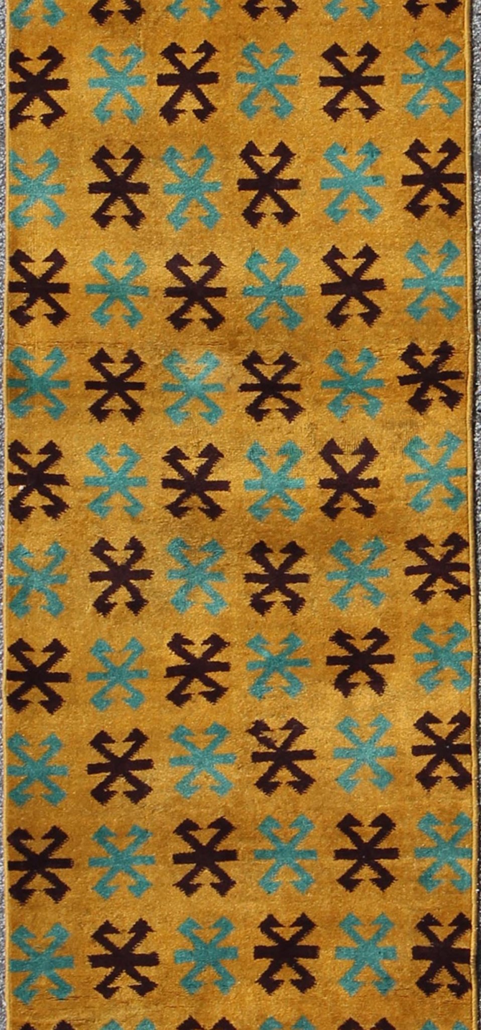 Long Runner with Mid - Century Modern Design in Yellow, Turquoise and Black Measures: 2'7 x 13'9. This artfully handwoven Turkish mid century design runner displays a unique geometric design and color combination, featuring yellow background and r... - Keivan Woven ArtsTU - MTU - 3325 - 6191Rug