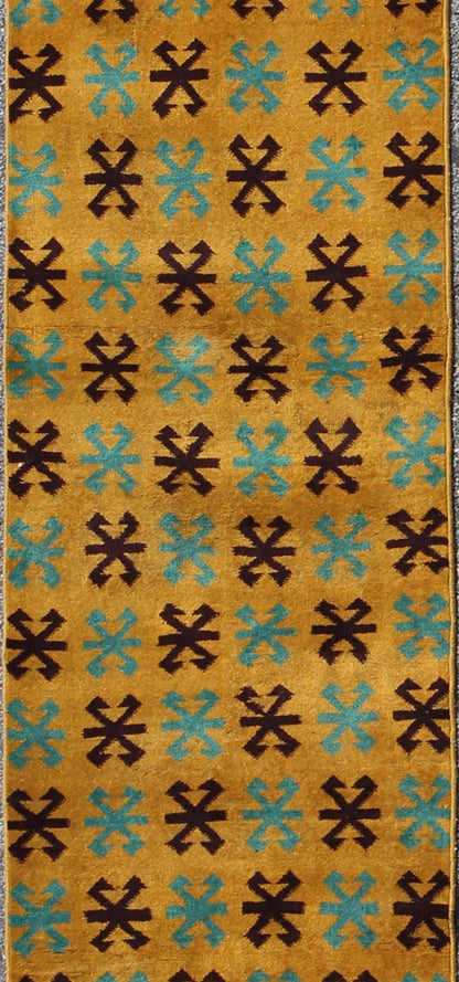 Long Runner with Mid - Century Modern Design in Yellow, Turquoise and Black Measures: 2'7 x 13'9. This artfully handwoven Turkish mid century design runner displays a unique geometric design and color combination, featuring yellow background and r... - Keivan Woven ArtsTU - MTU - 3325 - 6191Rug