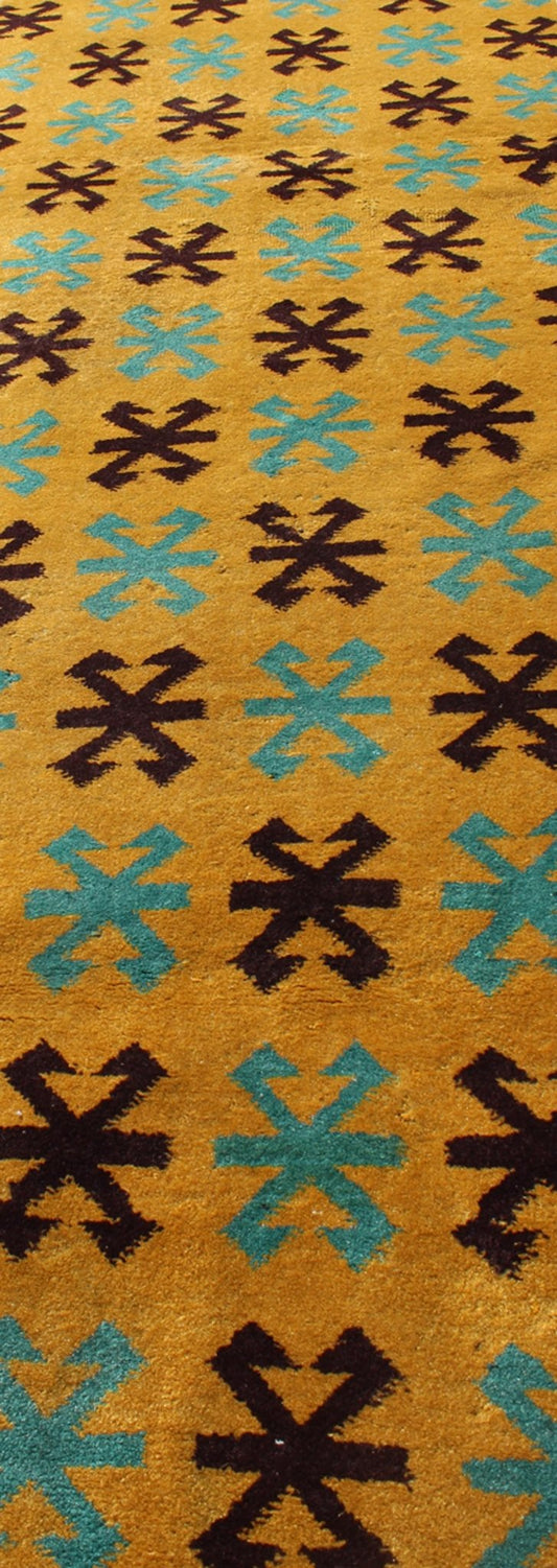 Long Runner with Mid - Century Modern Design in Yellow, Turquoise and Black Measures: 2'7 x 13'9. This artfully handwoven Turkish mid century design runner displays a unique geometric design and color combination, featuring yellow background and r... - Keivan Woven ArtsTU - MTU - 3325 - 6191