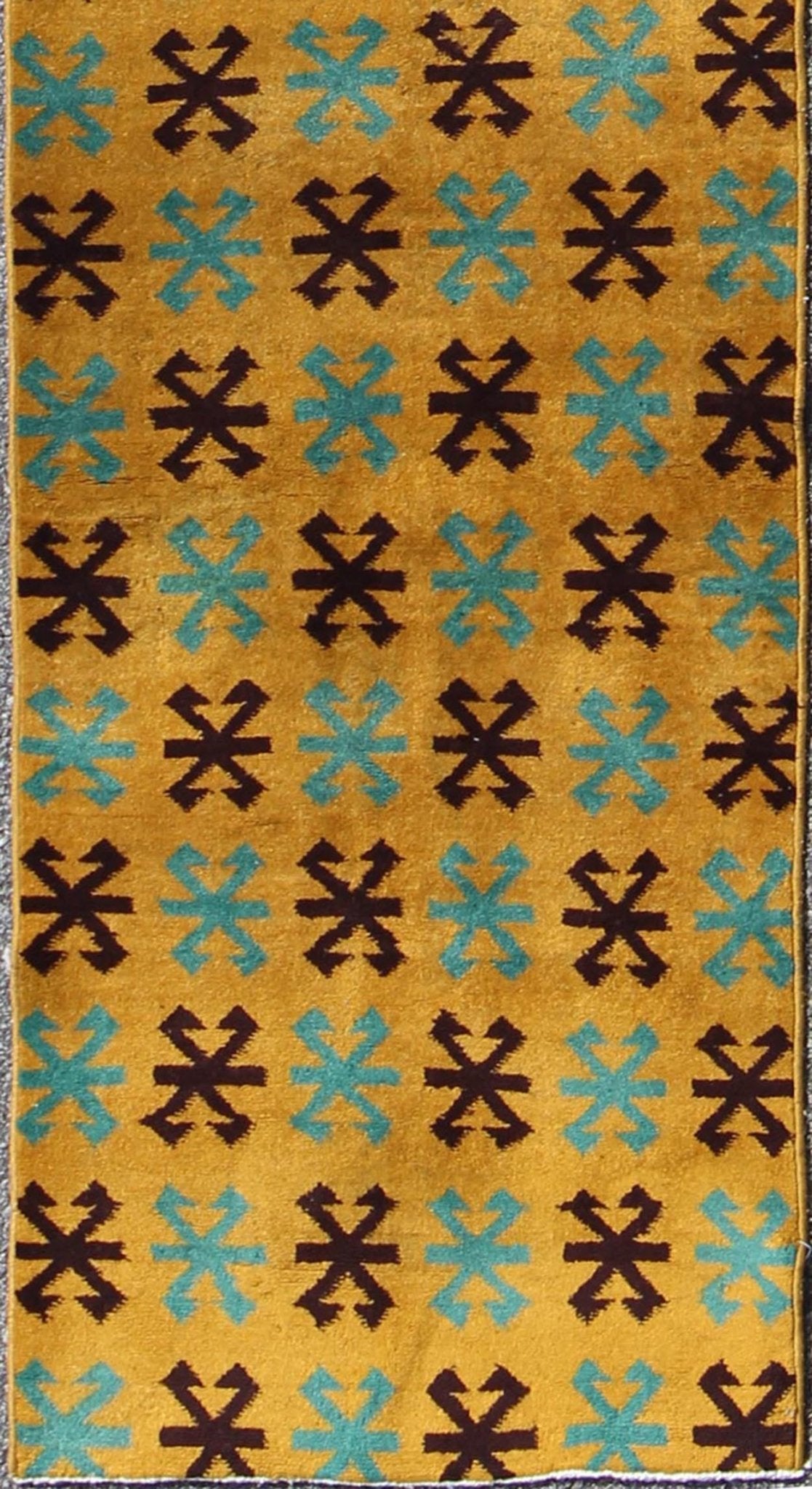 Long Runner with Mid - Century Modern Design in Yellow, Turquoise and Black Measures: 2'7 x 13'9. This artfully handwoven Turkish mid century design runner displays a unique geometric design and color combination, featuring yellow background and r... - Keivan Woven ArtsTU - MTU - 3325 - 6191Rug
