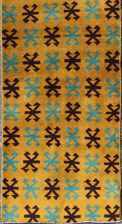 Long Runner with Mid - Century Modern Design in Yellow, Turquoise and Black Measures: 2'7 x 13'9. This artfully handwoven Turkish mid century design runner displays a unique geometric design and color combination, featuring yellow background and r... - Keivan Woven ArtsTU - MTU - 3325 - 6191Rug