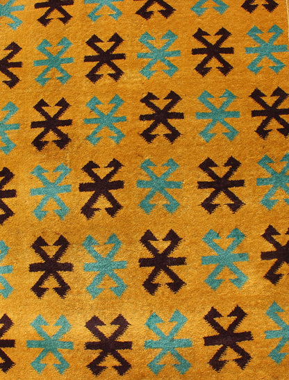 Long Runner with Mid - Century Modern Design in Yellow, Turquoise and Black Measures: 2'7 x 13'9. This artfully handwoven Turkish mid century design runner displays a unique geometric design and color combination, featuring yellow background and r... - Keivan Woven ArtsTU - MTU - 3325 - 6191Rug
