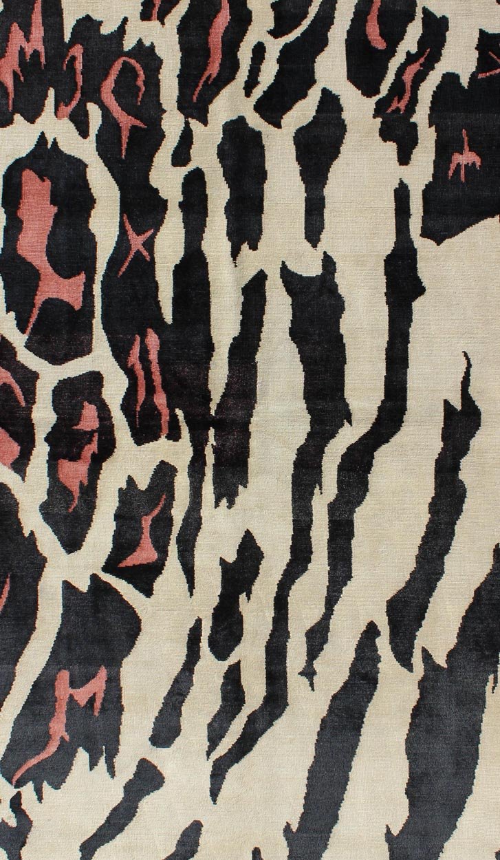 Unique Mid - Century Modern Rug with Zebra Skin Design in Black, Cream & Pink. Measures: 4'7 x 7'6. This handwoven carpet is finely woven and displays a unique design and color combination reminiscent of zebra print, with a spotted and speckled as... - Keivan Woven ArtsTU - MTU - 3328 - 5798Rug