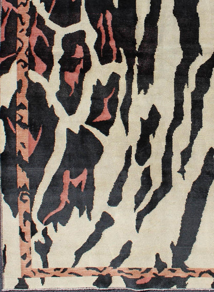 Unique Mid - Century Modern Rug with Zebra Skin Design in Black, Cream & Pink. Measures: 4'7 x 7'6. This handwoven carpet is finely woven and displays a unique design and color combination reminiscent of zebra print, with a spotted and speckled as... - Keivan Woven ArtsTU - MTU - 3328 - 5798Rug