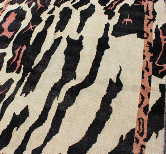 Unique Mid - Century Modern Rug with Zebra Skin Design in Black, Cream & Pink. Measures: 4'7 x 7'6. This handwoven carpet is finely woven and displays a unique design and color combination reminiscent of zebra print, with a spotted and speckled as... - Keivan Woven ArtsTU - MTU - 3328 - 5798Rug