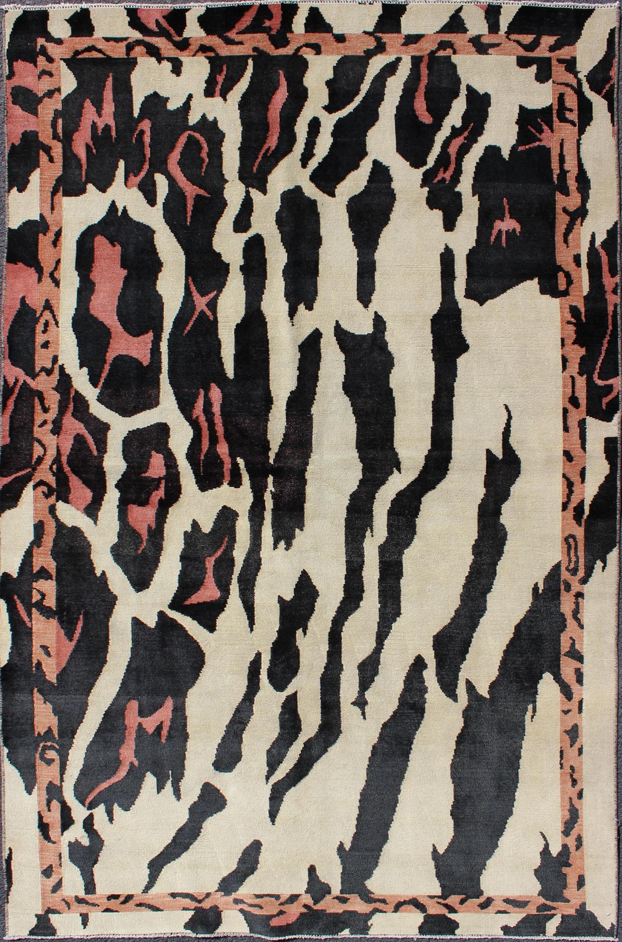 Unique Mid - Century Modern Rug with Zebra Skin Design in Black, Cream & Pink. Measures: 4'7 x 7'6. This handwoven carpet is finely woven and displays a unique design and color combination reminiscent of zebra print, with a spotted and speckled as... - Keivan Woven ArtsTU - MTU - 3328 - 5798Rug