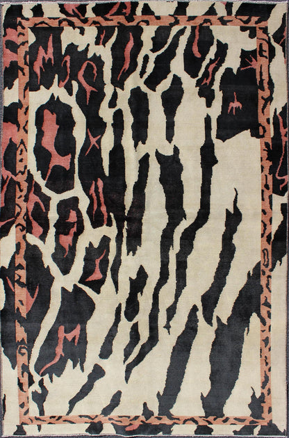 Unique Mid - Century Modern Rug with Zebra Skin Design in Black, Cream & Pink. Measures: 4'7 x 7'6. This handwoven carpet is finely woven and displays a unique design and color combination reminiscent of zebra print, with a spotted and speckled as... - Keivan Woven ArtsTU - MTU - 3328 - 5798Rug