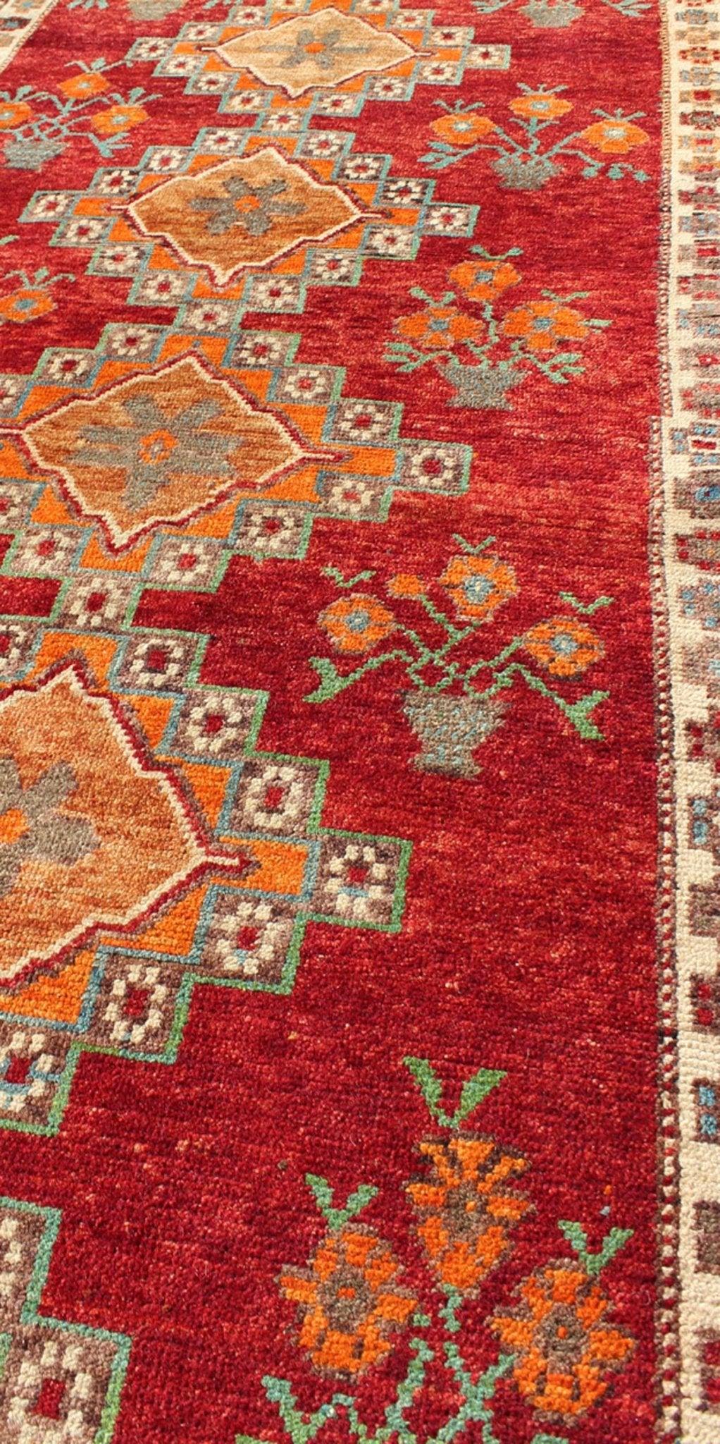 Vintage Turkish Oushak Runner in Beautiful Royal Red, Light Blue/Gray and Orange This vintage Oushak runner features a unique blend of cheerful colors and an intricately beautiful design. The multi - layered diamond medallions are complemented by ... - Keivan Woven ArtsTU - MTU - 3334 - 5802Rug