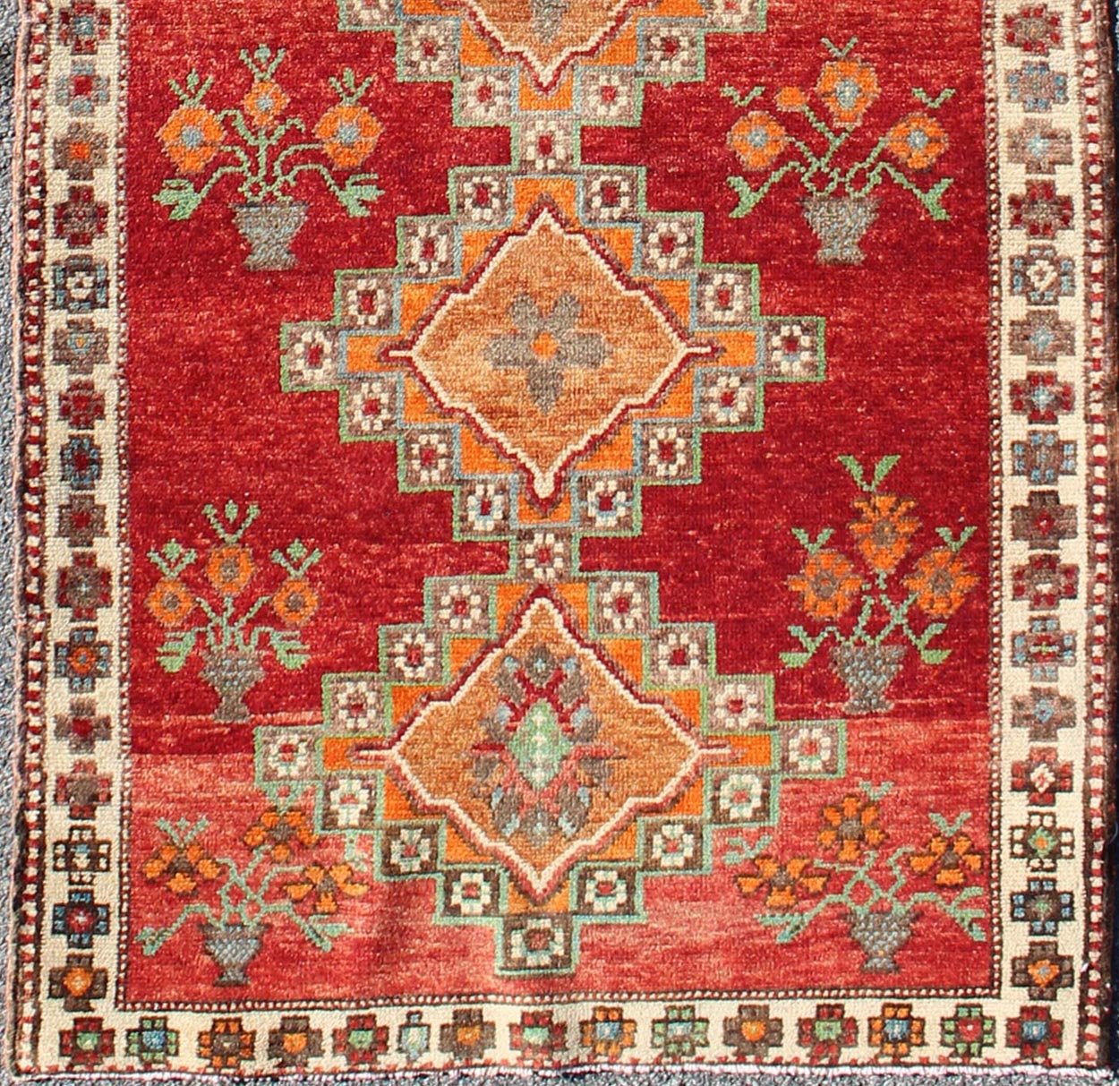 Vintage Turkish Oushak Runner in Beautiful Royal Red, Light Blue/Gray and Orange This vintage Oushak runner features a unique blend of cheerful colors and an intricately beautiful design. The multi - layered diamond medallions are complemented by ... - Keivan Woven ArtsTU - MTU - 3334 - 5802Rug