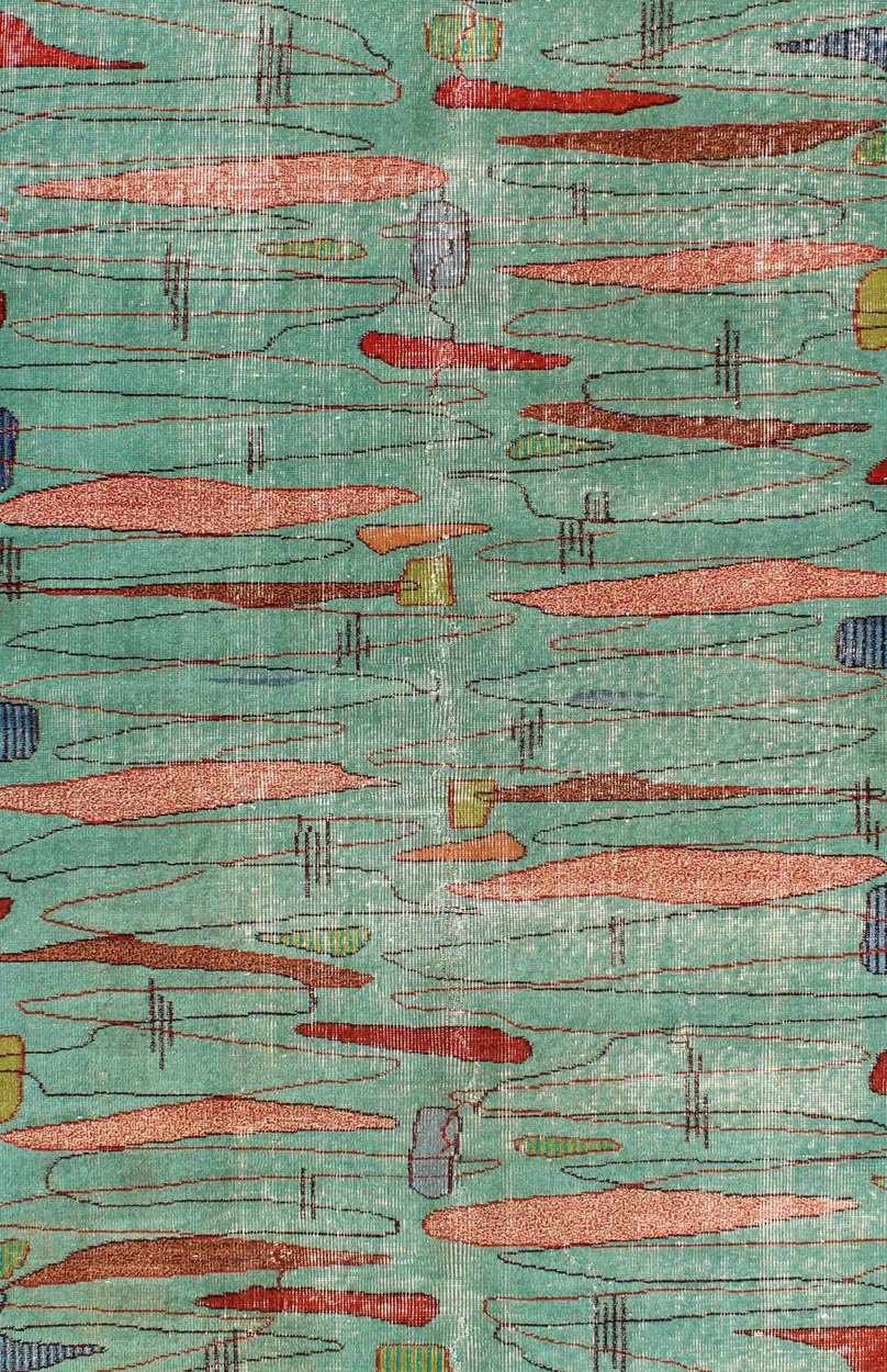 Mid - Century Modern Carpet in Light Teal Background and Abstract Shapes in Multi Colors Measures: 4' x 6'7 Mid - century Modern carpet in light teal background and colorful background, a great choice for modern interiors, Keivan Woven Arts/... - Keivan Woven ArtsTU - MTU - 3358 - 5810Rug