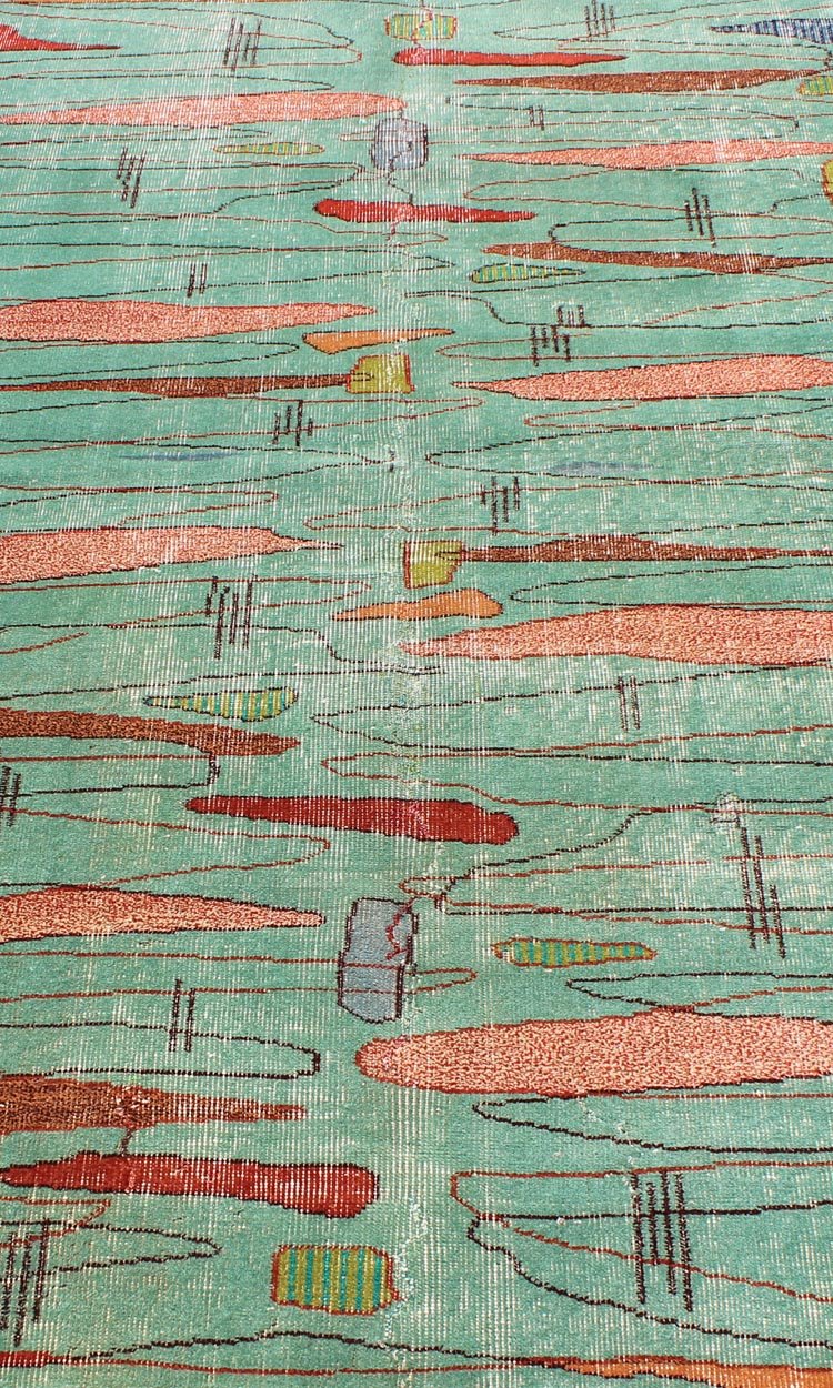 Mid - Century Modern Carpet in Light Teal Background and Abstract Shapes in Multi Colors Measures: 4' x 6'7 Mid - century Modern carpet in light teal background and colorful background, a great choice for modern interiors, Keivan Woven Arts/... - Keivan Woven ArtsTU - MTU - 3358 - 5810Rug