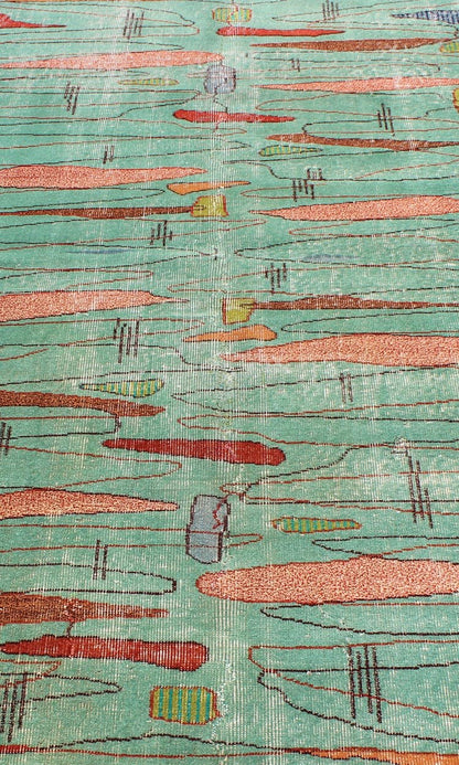 Mid - Century Modern Carpet in Light Teal Background and Abstract Shapes in Multi Colors Measures: 4' x 6'7 Mid - century Modern carpet in light teal background and colorful background, a great choice for modern interiors, Keivan Woven Arts/... - Keivan Woven ArtsTU - MTU - 3358 - 5810Rug