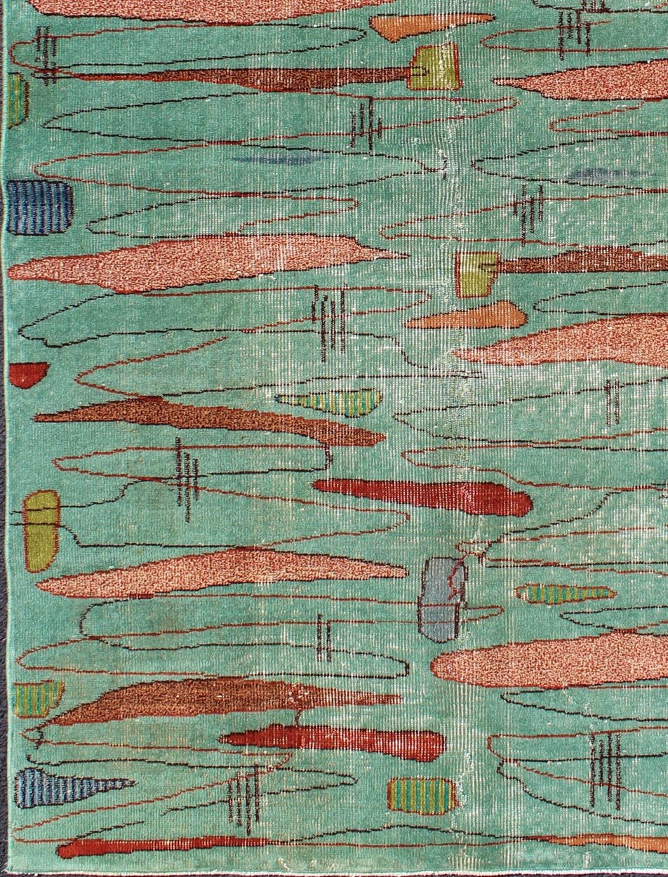 Mid - Century Modern Carpet in Light Teal Background and Abstract Shapes in Multi Colors Measures: 4' x 6'7 Mid - century Modern carpet in light teal background and colorful background, a great choice for modern interiors, Keivan Woven Arts/... - Keivan Woven ArtsTU - MTU - 3358 - 5810Rug