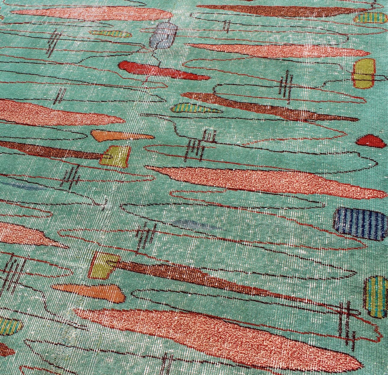 Mid - Century Modern Carpet in Light Teal Background and Abstract Shapes in Multi Colors Measures: 4' x 6'7 Mid - century Modern carpet in light teal background and colorful background, a great choice for modern interiors, Keivan Woven Arts/... - Keivan Woven ArtsTU - MTU - 3358 - 5810Rug