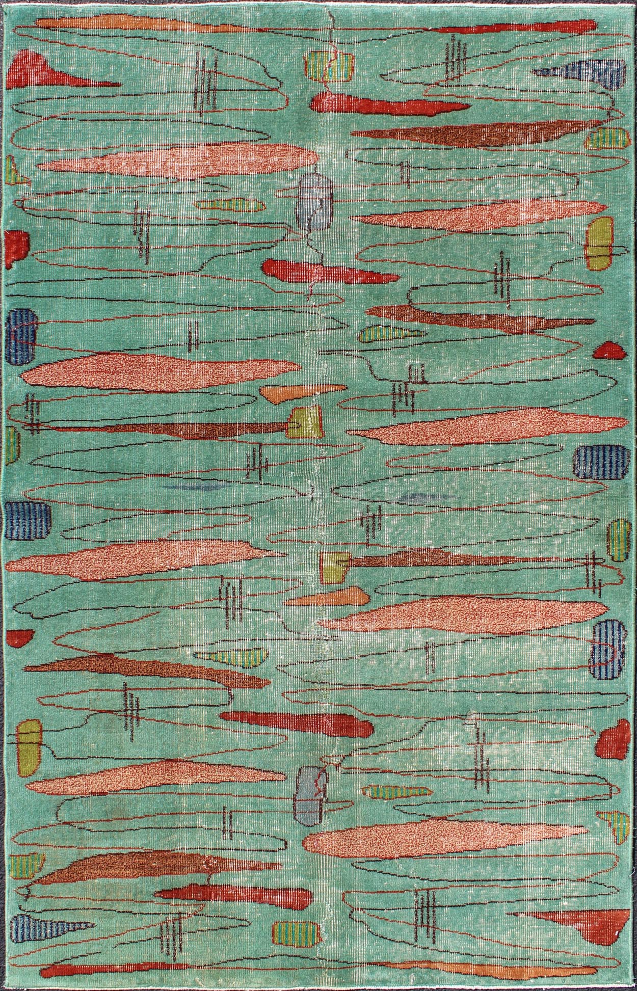 Mid - Century Modern Carpet in Light Teal Background and Abstract Shapes in Multi Colors Measures: 4' x 6'7 Mid - century Modern carpet in light teal background and colorful background, a great choice for modern interiors, Keivan Woven Arts/... - Keivan Woven ArtsTU - MTU - 3358 - 5810Rug