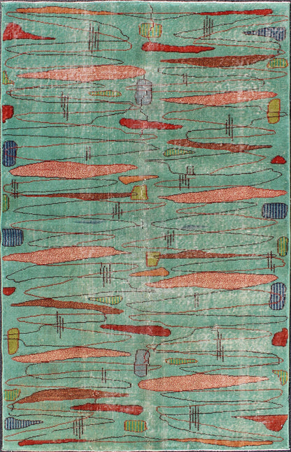 Mid - Century Modern Carpet in Light Teal Background and Abstract Shapes in Multi Colors Measures: 4' x 6'7 Mid - century Modern carpet in light teal background and colorful background, a great choice for modern interiors, Keivan Woven Arts/... - Keivan Woven ArtsTU - MTU - 3358 - 5810Rug
