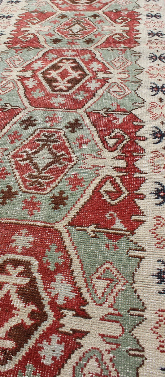 Geometric Medallions Vintage Tribal Turkish Oushak Runner in Green, Brown & Red. Vintage Turkish Oushak Runner Rug with Geometric Tribal Medallions. Keivan Woven Arts, Rug/TU - MTU - 3359, 1950's Vintage Turkish Oushak Runner in Teal and Red, rug m... - Keivan Woven ArtsTU - MTU - 3359 - 5816Rug