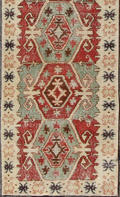Geometric Medallions Vintage Tribal Turkish Oushak Runner in Green, Brown & Red. Vintage Turkish Oushak Runner Rug with Geometric Tribal Medallions. Keivan Woven Arts, Rug/TU - MTU - 3359, 1950's Vintage Turkish Oushak Runner in Teal and Red, rug m... - Keivan Woven ArtsTU - MTU - 3359 - 5816Rug
