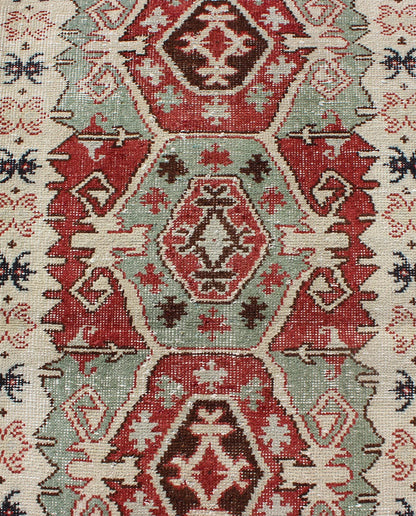 Geometric Medallions Vintage Tribal Turkish Oushak Runner in Green, Brown & Red. Vintage Turkish Oushak Runner Rug with Geometric Tribal Medallions. Keivan Woven Arts, Rug/TU - MTU - 3359, 1950's Vintage Turkish Oushak Runner in Teal and Red, rug m... - Keivan Woven ArtsTU - MTU - 3359 - 5816Rug